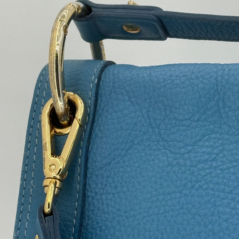 MCM Blue Pebbled Leather Studded Flap Crossbody Messenger Hobo Bag Gold Hardware - Picture 6 of 16